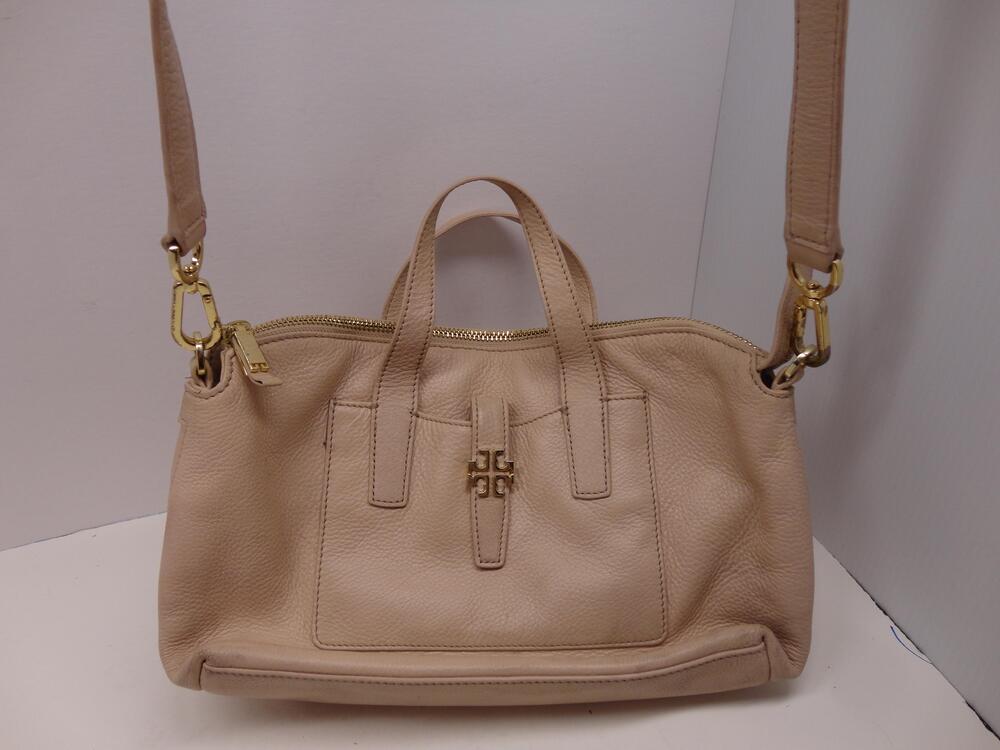Tory Burch Satchel Bag Womens Medium Beige Leather Crossbody Shoulder Purse